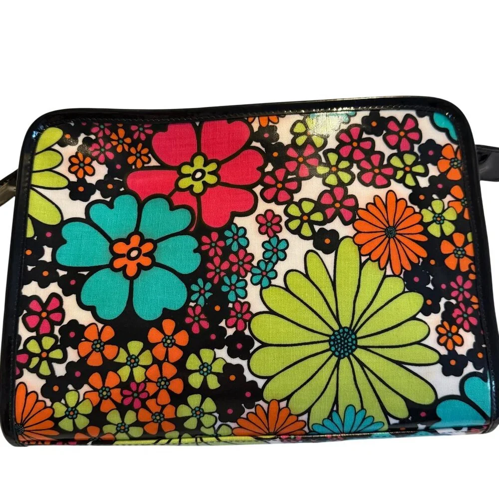 Vintage Nordstrom Cosmetic Bags Vinyl Black 70's Floral Set Lot - Picture 6 of 11